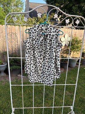 Monteau White and Black Leopard Cold-Shoulder Tie-Neck Blouse